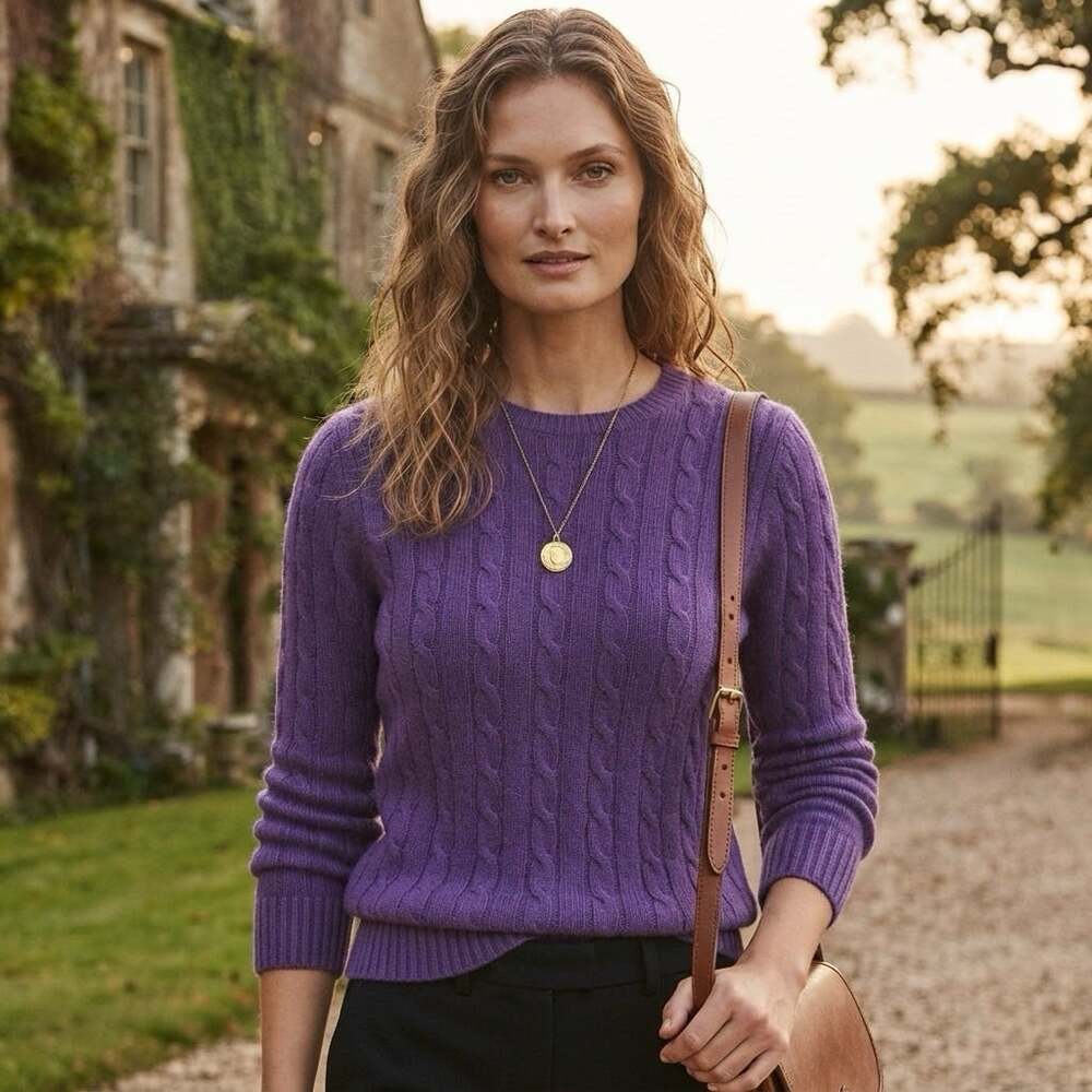 VTG 90s LRL Ralph Lauren Merino Wool Angora Purple Cable Knit Logo Sweater